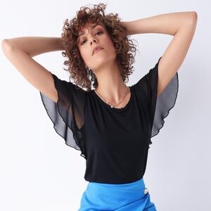 Joseph Ribkoff Vintage Black Short Sleeve Ruffle Flutter Sleeve Blouse, size 12